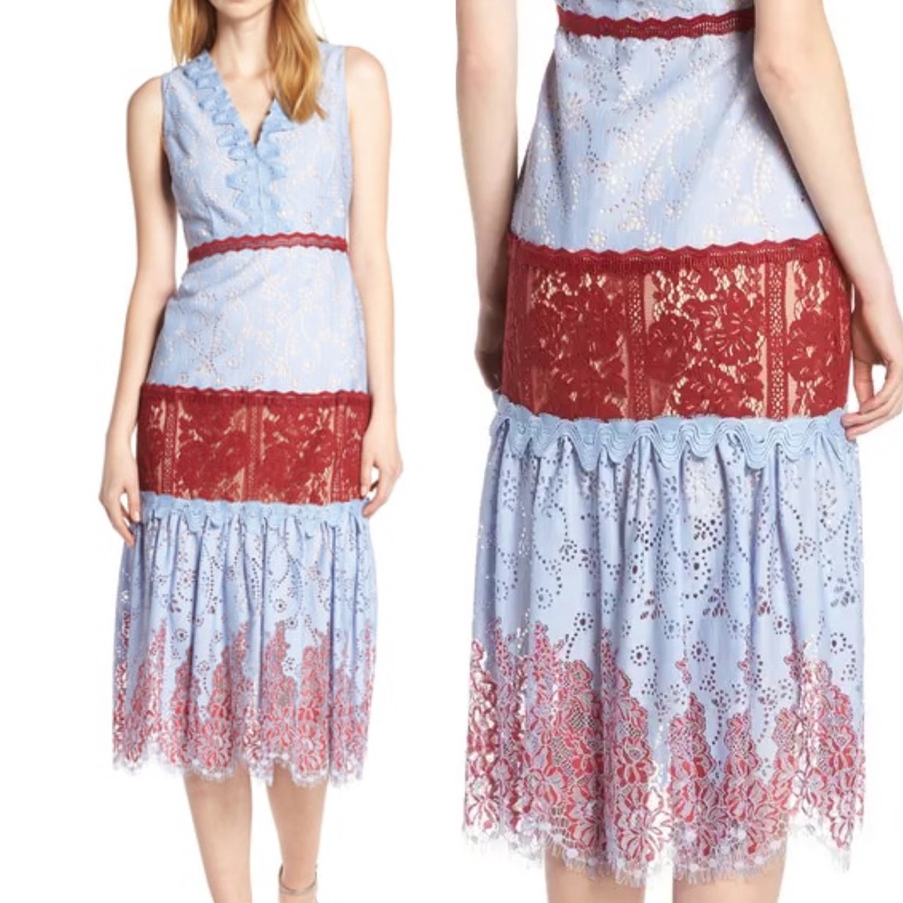 NWT!!! Fifi Lace Tea Length Dress In Periwinkle Burgundy